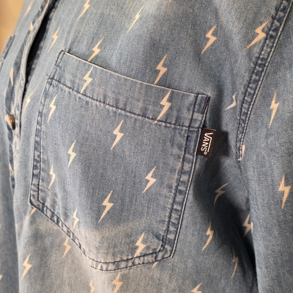 Vans Light Blue Denim Button-Up Shirt with White Lightning Print - Picture 3 of 11